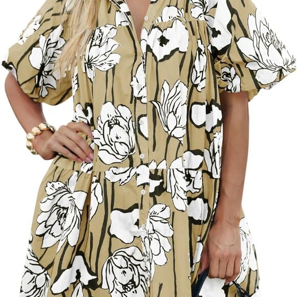 Women's Floral Summer Dress Puff Sleeve Button Down Loose Fit Casual Women's Floral Summer Dress Puff Sleeve Button Down Loose Fit Casual